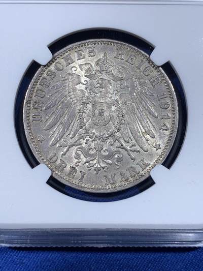 《竞宝斋》第438场 周日，周一，周二 3场连拍 （全场包邮） NGC MS62 德国 1914年 巴伐利亚 路德维希三世 3马克 银币