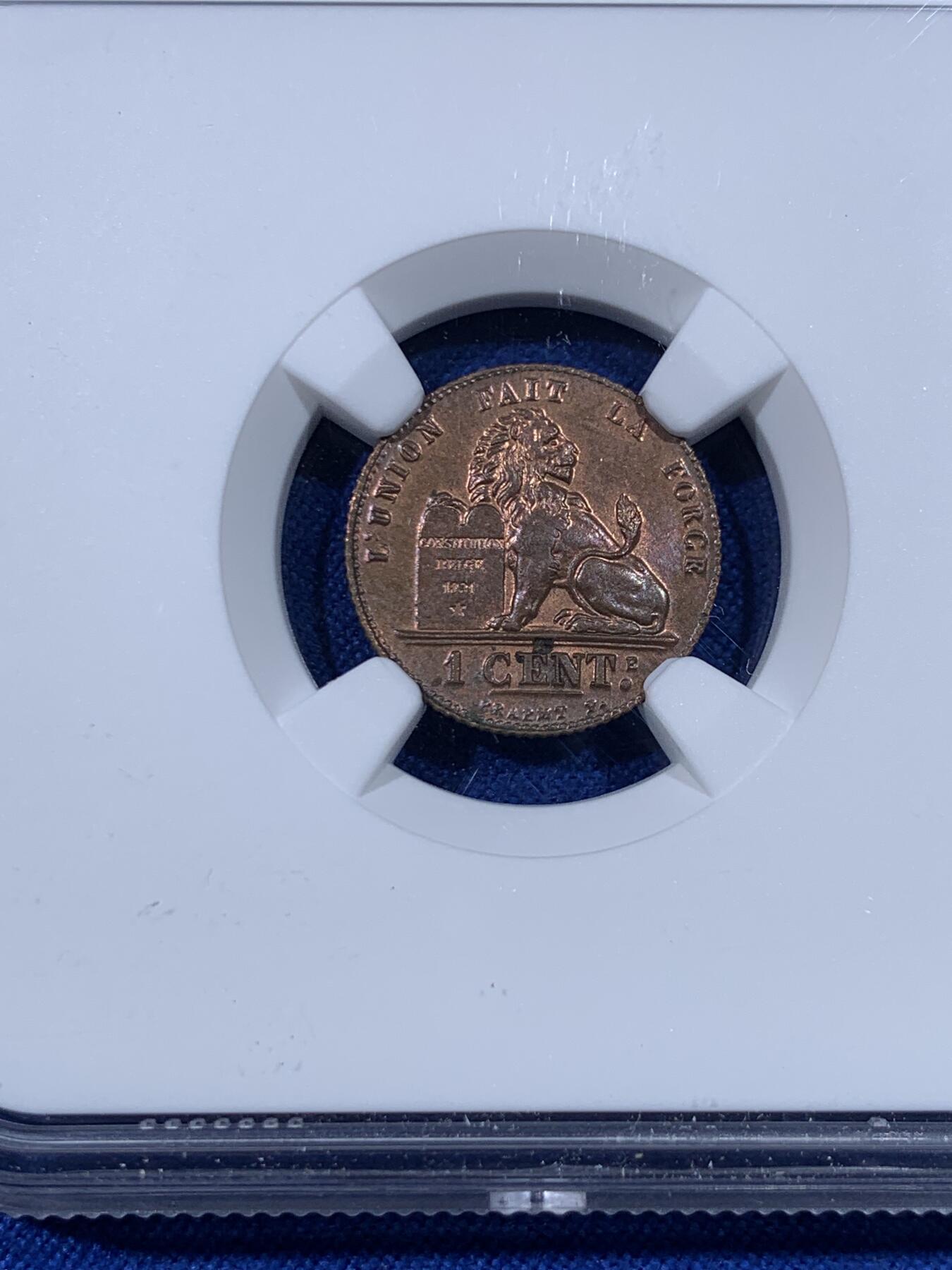 《竞宝斋》第438场 周日，周一，周二 3场连拍 （全场包邮） NGC MS63RB 比利时 1912年 狮子 1分 铜币 少见红光早期铜币 比利时经典品种