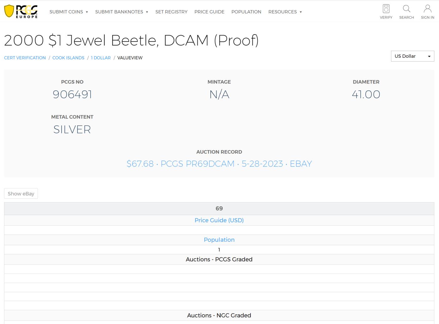PThappally收藏第54次拍卖，英联邦地区硬币纸币 库克群岛 2000 1元  31.63 g 银币 PCGS PR69DCAM