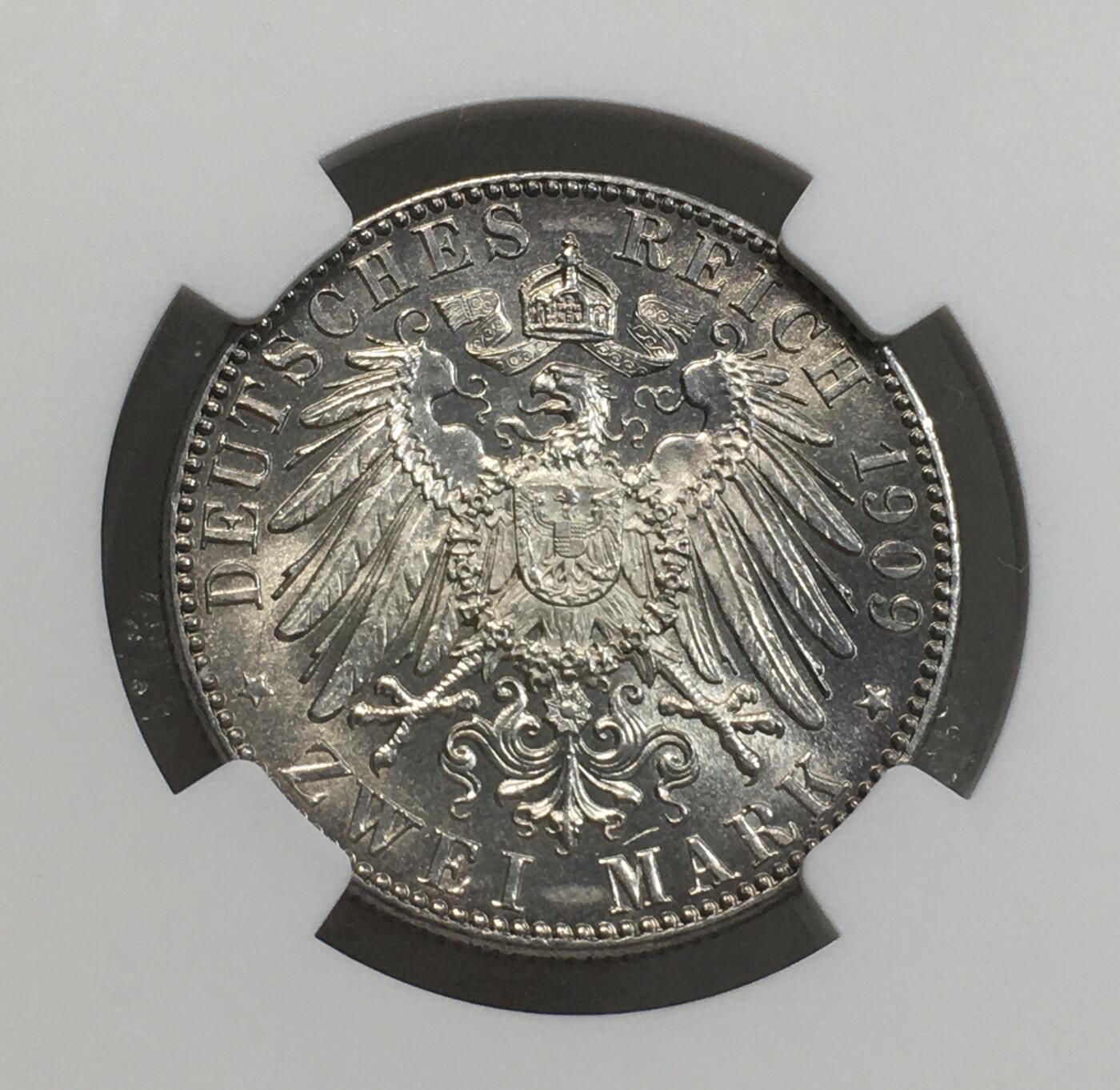 世界钱币专场拍卖 每周二开拍 NGCMS63德国萨克森1909年莱比锡大学建校500周年2马克银币