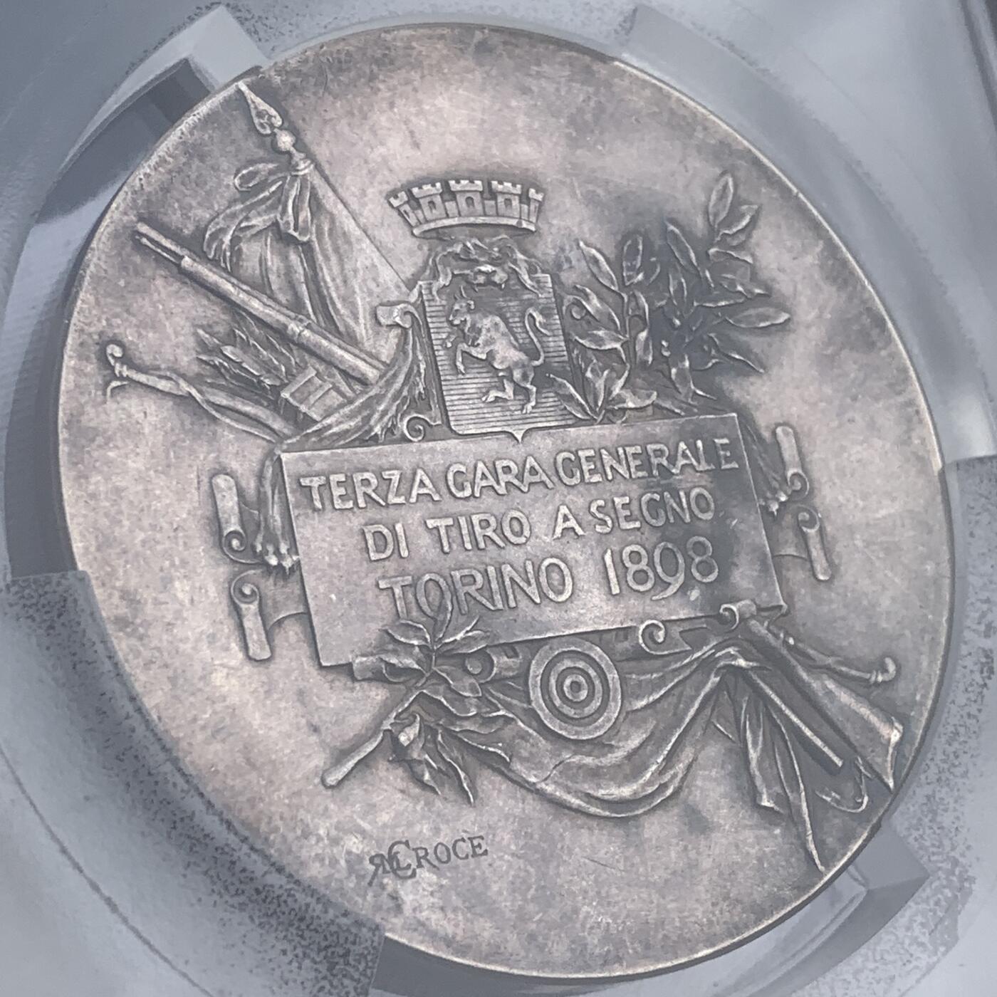 掌中浮雕-藏着的欧洲第042场 PCGS SP58: 1898年意大利第三届都灵射击节银章，60.5mm ,稀少品种