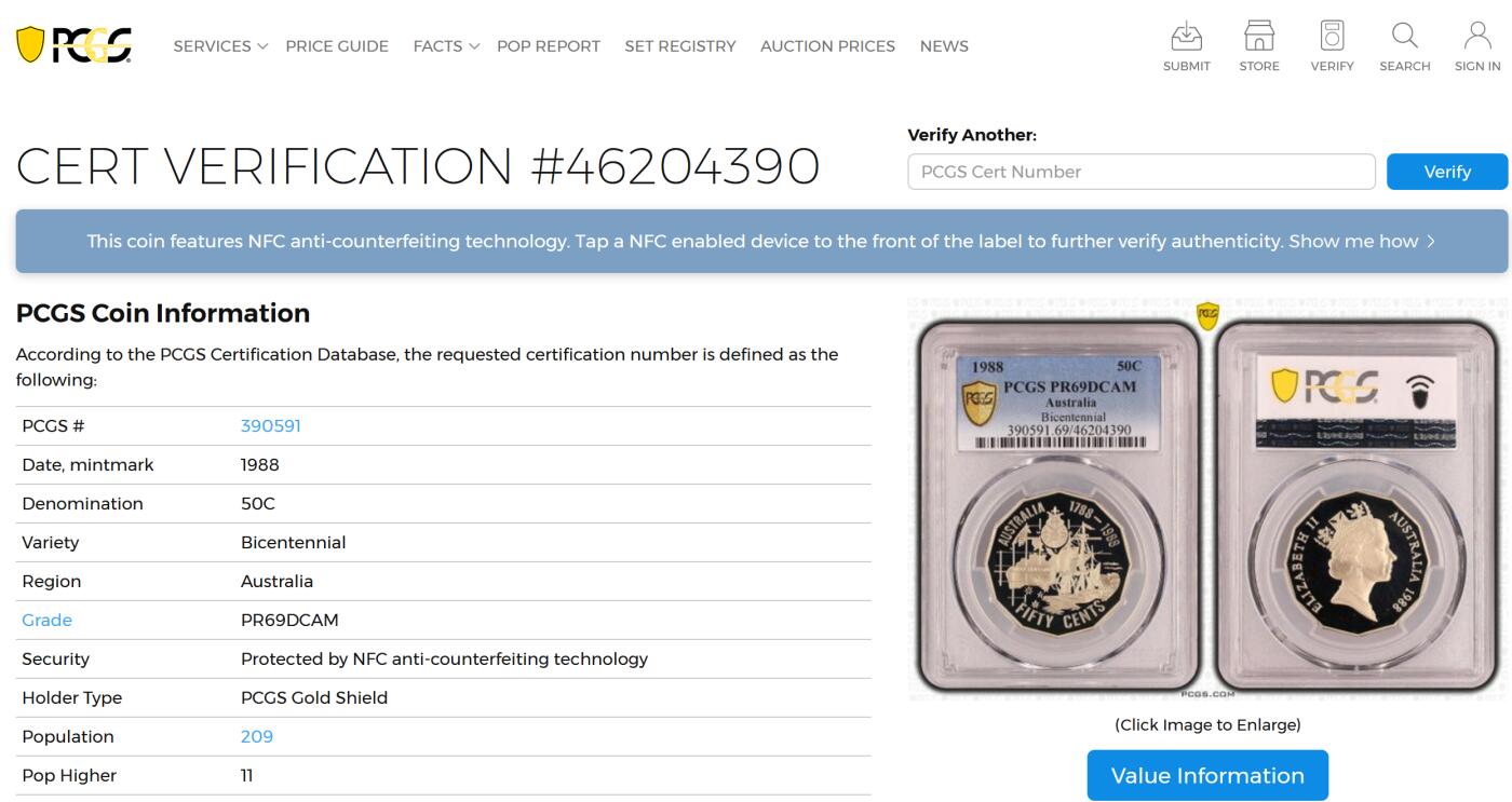 PThappally收藏第54次拍卖，英联邦地区硬币纸币 澳大利亚 1988 50分 15.55g  铜镍币  PCGS PR69DCAM