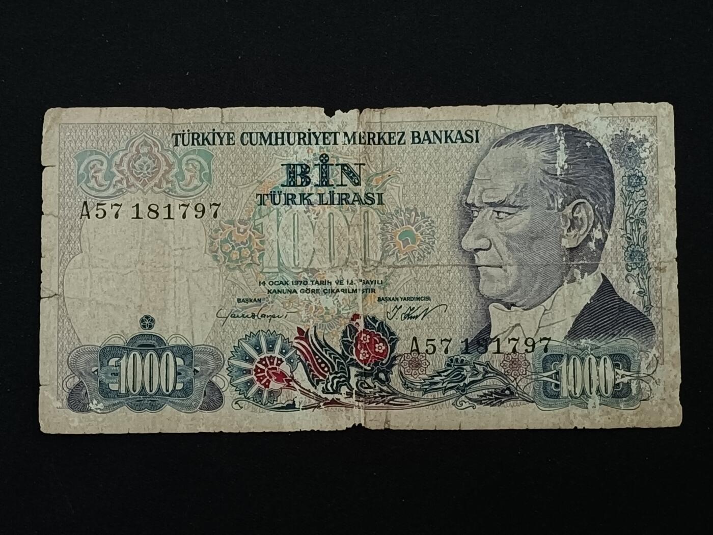 【游宝拍卖】乙巳蛇年87期 佣金1+6% 土耳其-1000里拉【1970年 战损品相】