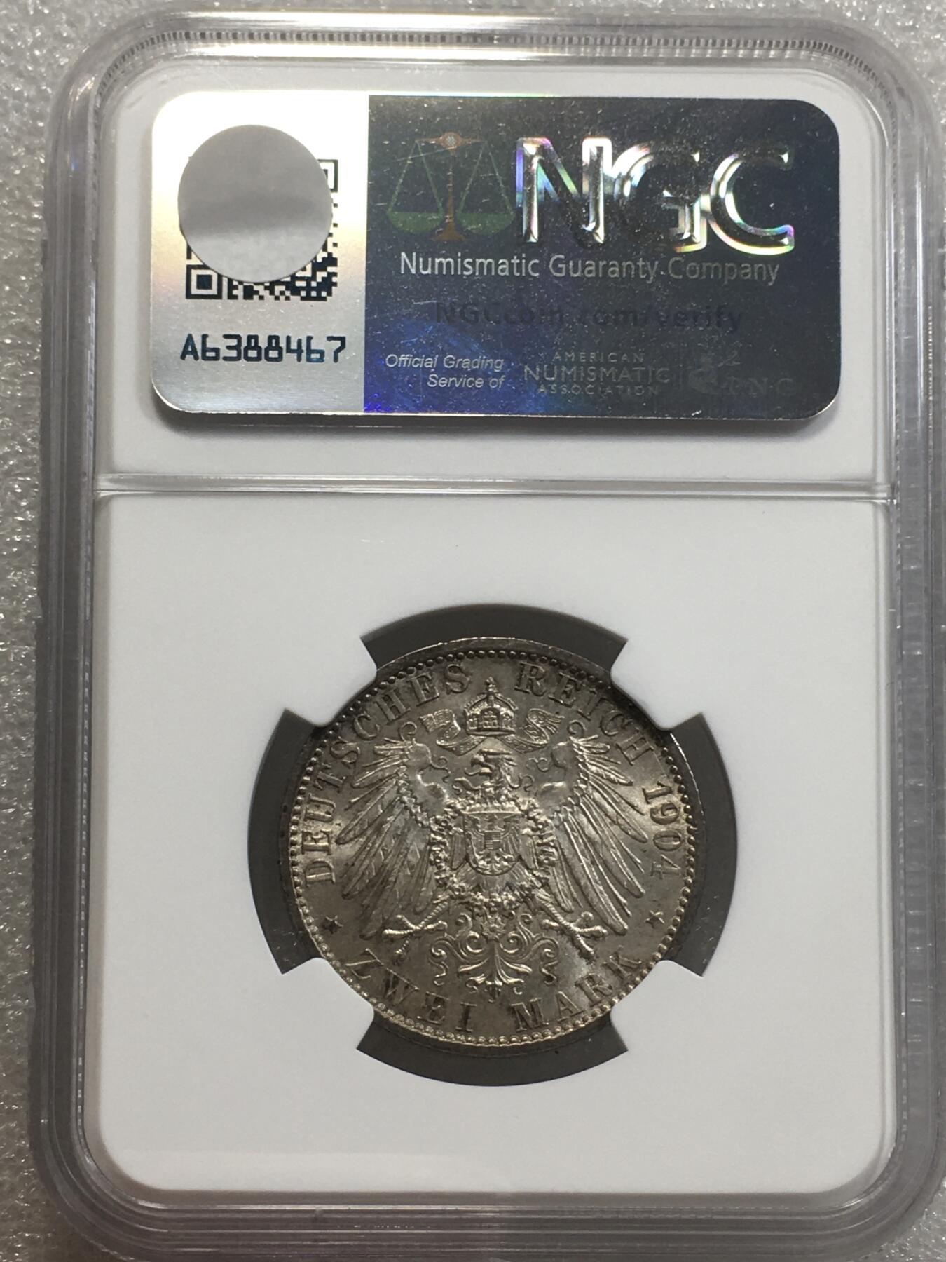 世界钱币专场拍卖 每周二开拍 NGCMS61德国1904年梅克伦堡-什未林结婚2马克银币