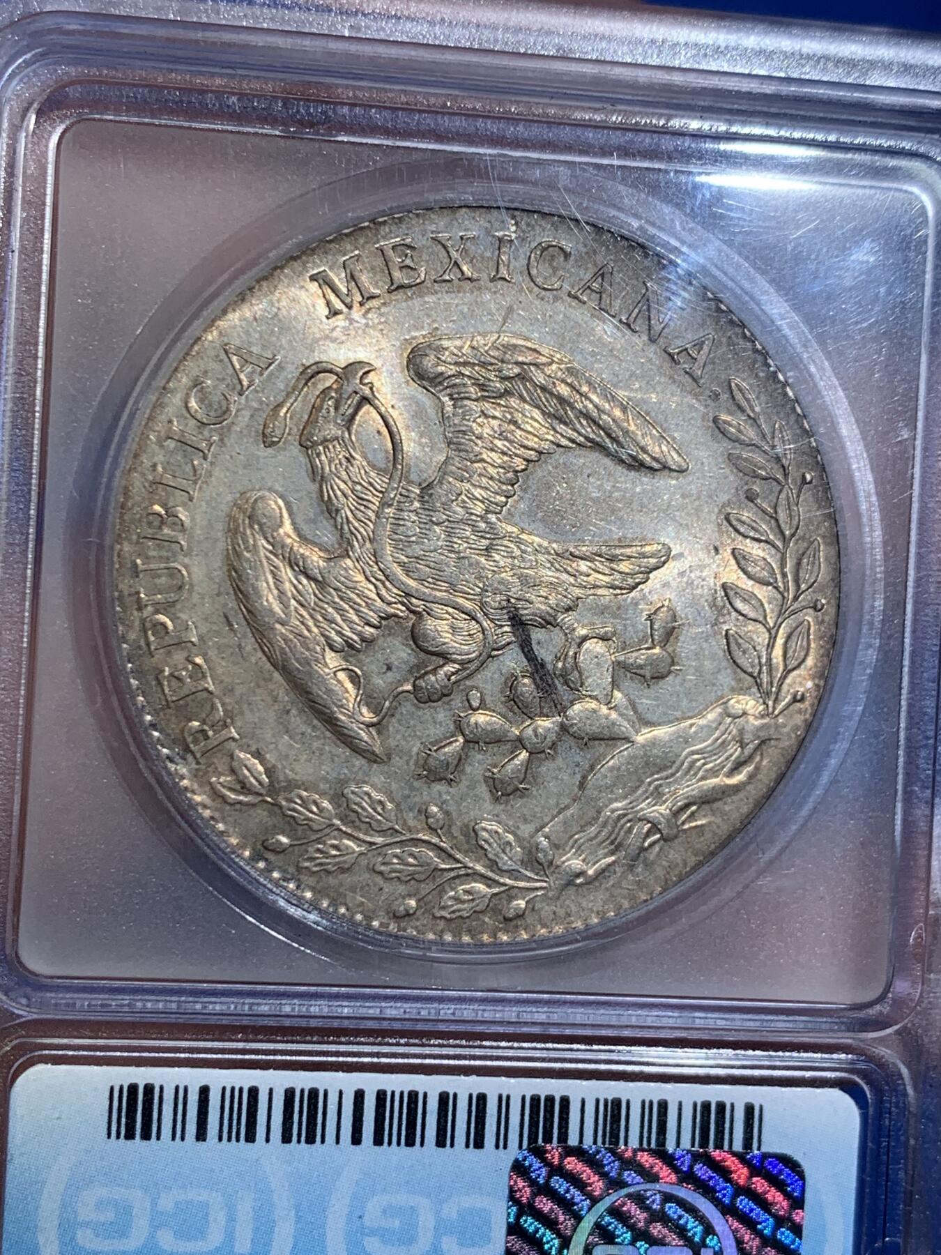 《竞宝斋》第438场 周日，周一，周二 3场连拍 （全场包邮） ICG MS63PL 墨西哥1893年MO AM鹰洋 ICG腰线老盒严评，双面镜面PL效果明显，金色彩浆，自由帽面“天”字硬戳 鹰面有铸缺，细节见图。