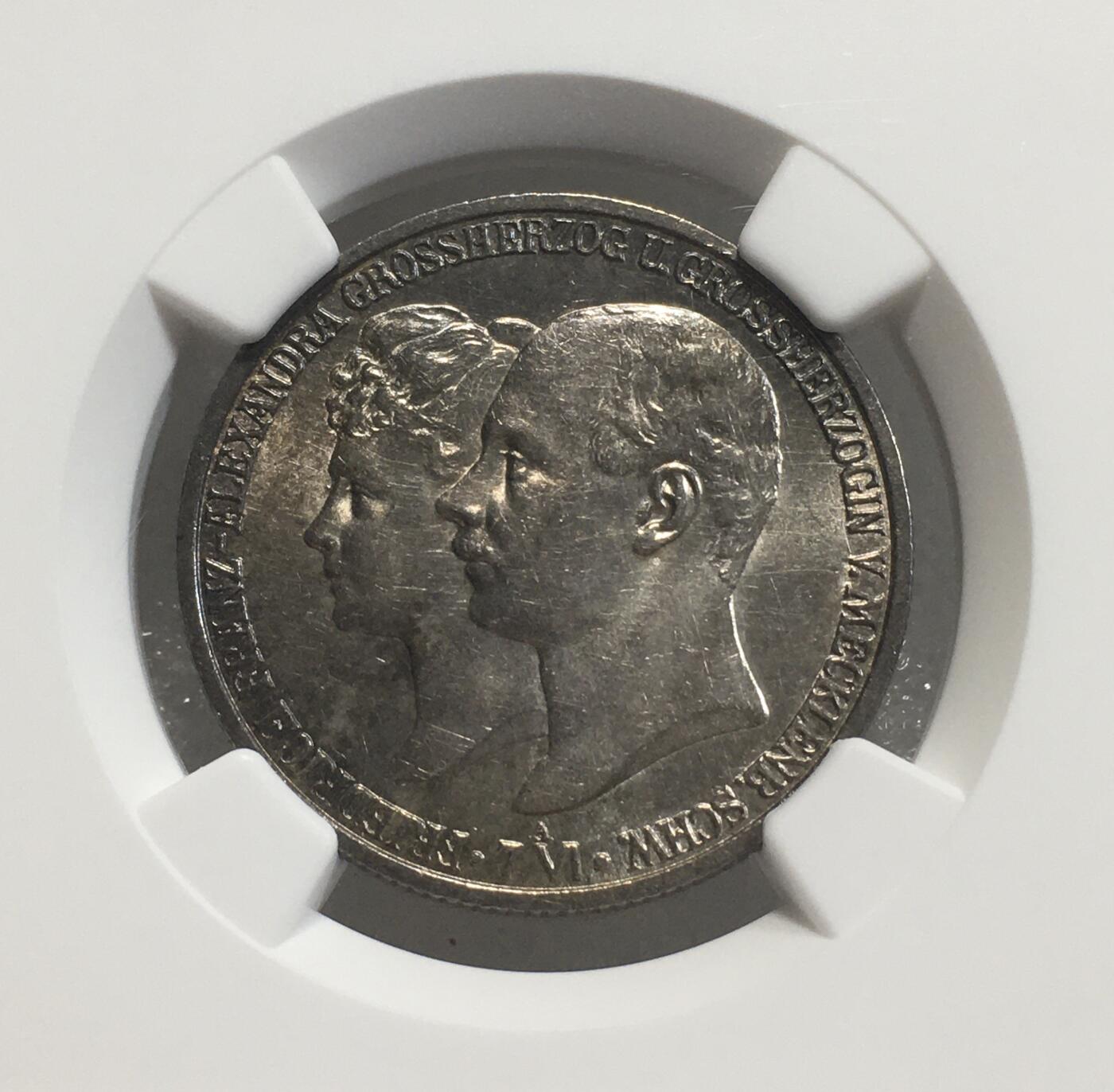 世界钱币专场拍卖 每周二开拍 NGCMS61德国1904年梅克伦堡-什未林结婚2马克银币