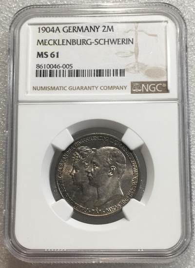 世界钱币专场拍卖 每周二开拍 - NGCMS61德国1904年梅克伦堡-什未林结婚2马克银币
