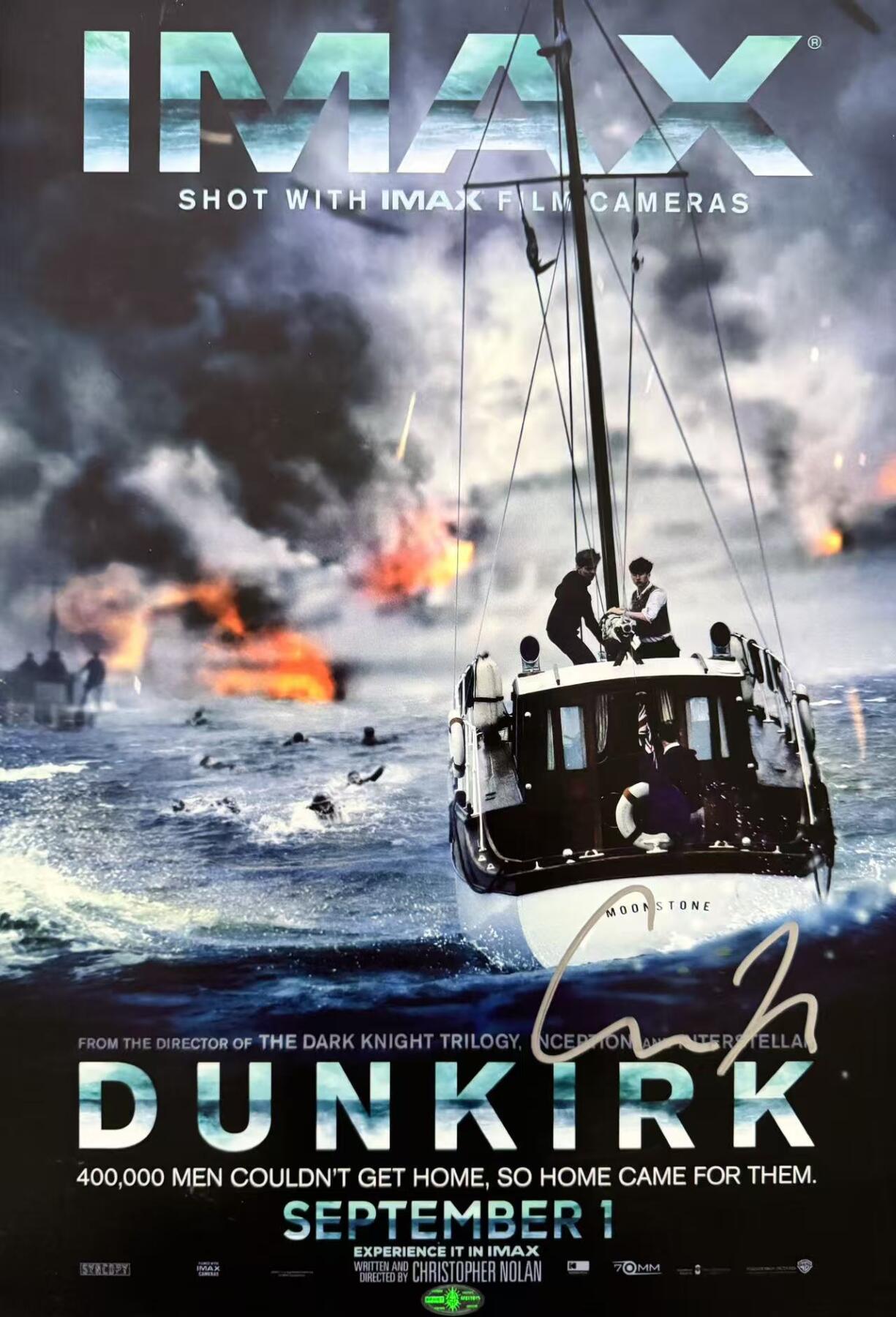 零元拍：《敦刻尔克》导演 诺兰 亲笔签名原版IMAX海报。尺寸A3。图5为装裱效果，拍品不含装裱。