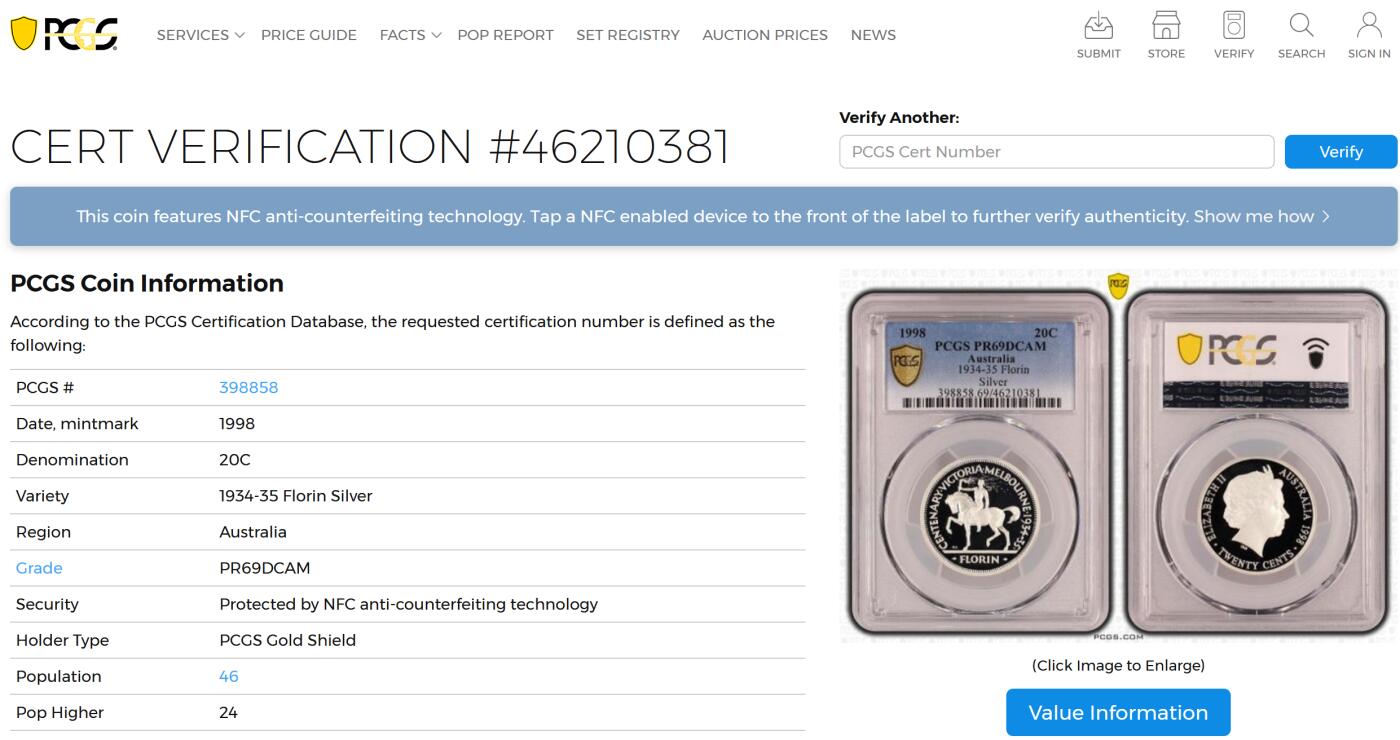 PThappally收藏第54次拍卖，英联邦地区硬币纸币 澳大利亚 1998 20分   13.36g 银币 PCGS PR69DCAM