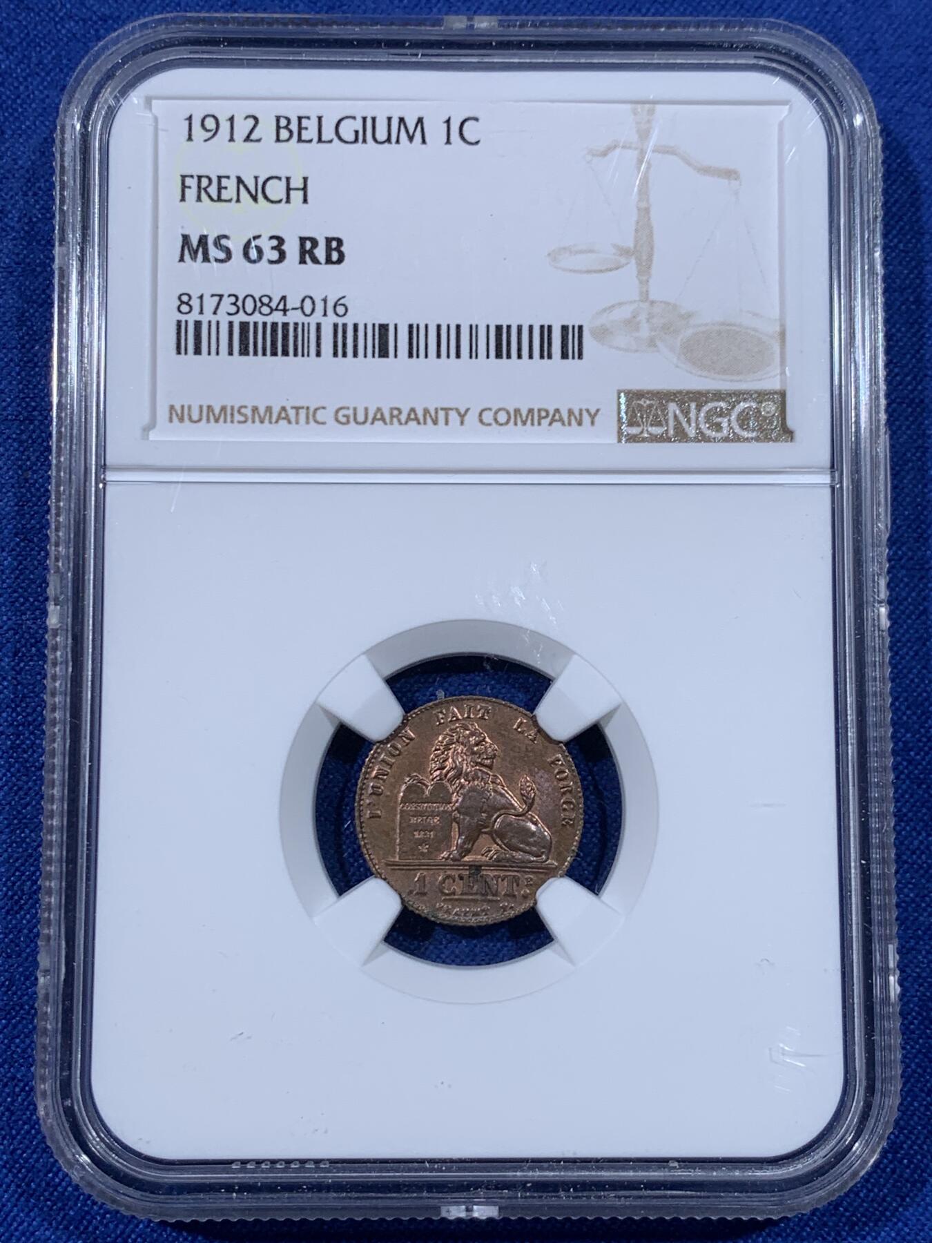《竞宝斋》第438场 周日，周一，周二 3场连拍 （全场包邮） NGC MS63RB 比利时 1912年 狮子 1分 铜币 少见红光早期铜币 比利时经典品种