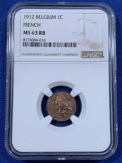 《竞宝斋》第438场 周日，周一，周二 3场连拍 （全场包邮） - NGC MS63RB 比利时 1912年 狮子 1分 铜币 少见红光早期铜币 比利时经典品种