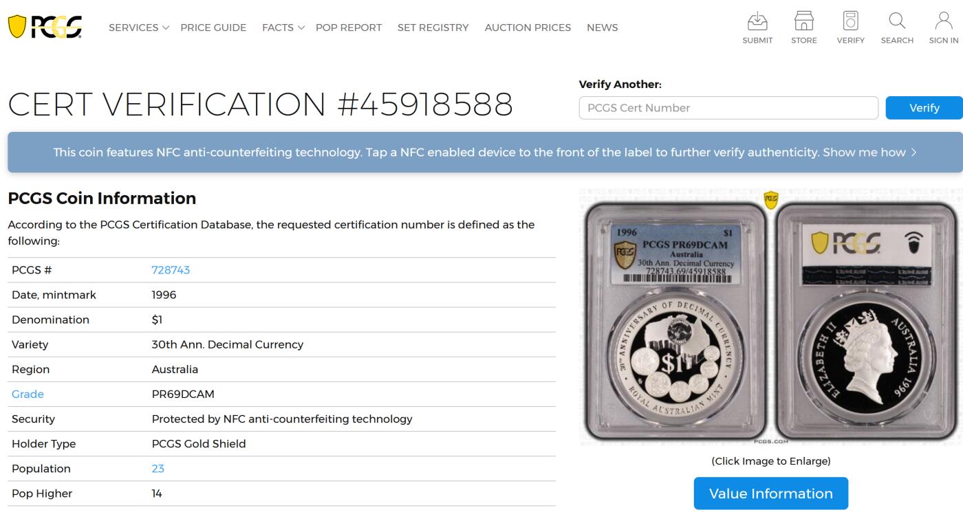 PThappally收藏第54次拍卖，英联邦地区硬币纸币 澳大利亚 1996 1澳元  31.10 g 银币 PCGS PR69DCAM