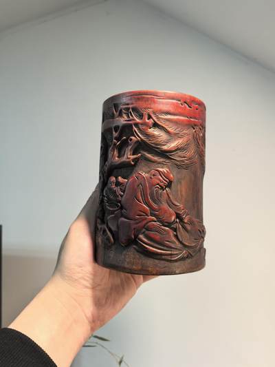 竹雕——《太白醉酒》笔筒 