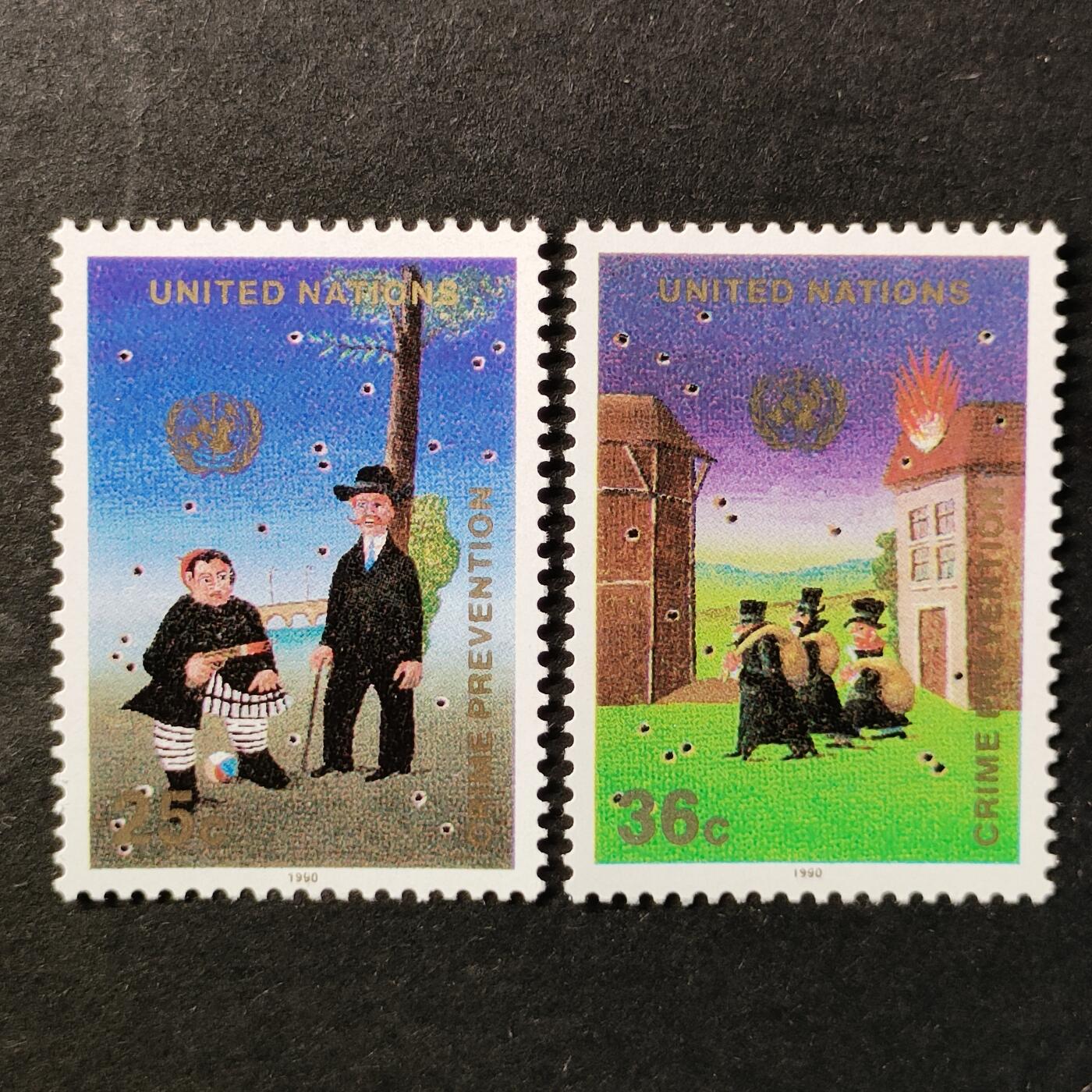 ↓君缘收藏655期☞钱币邮品↓无佣金、可寄存、满30元包邮  联合国纽约邮票，1990年预防犯罪绘画邮票2全