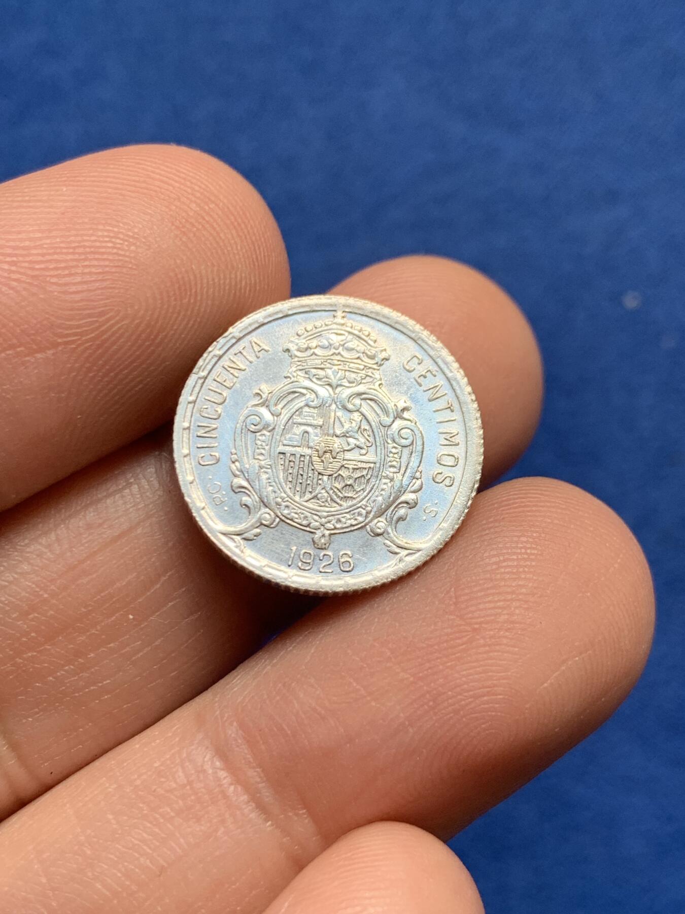 《竞宝斋》第438场 周日，周一，周二 3场连拍 （全场包邮） 西班牙 1926年 阿方索十三世 50分银币 最后一版头像