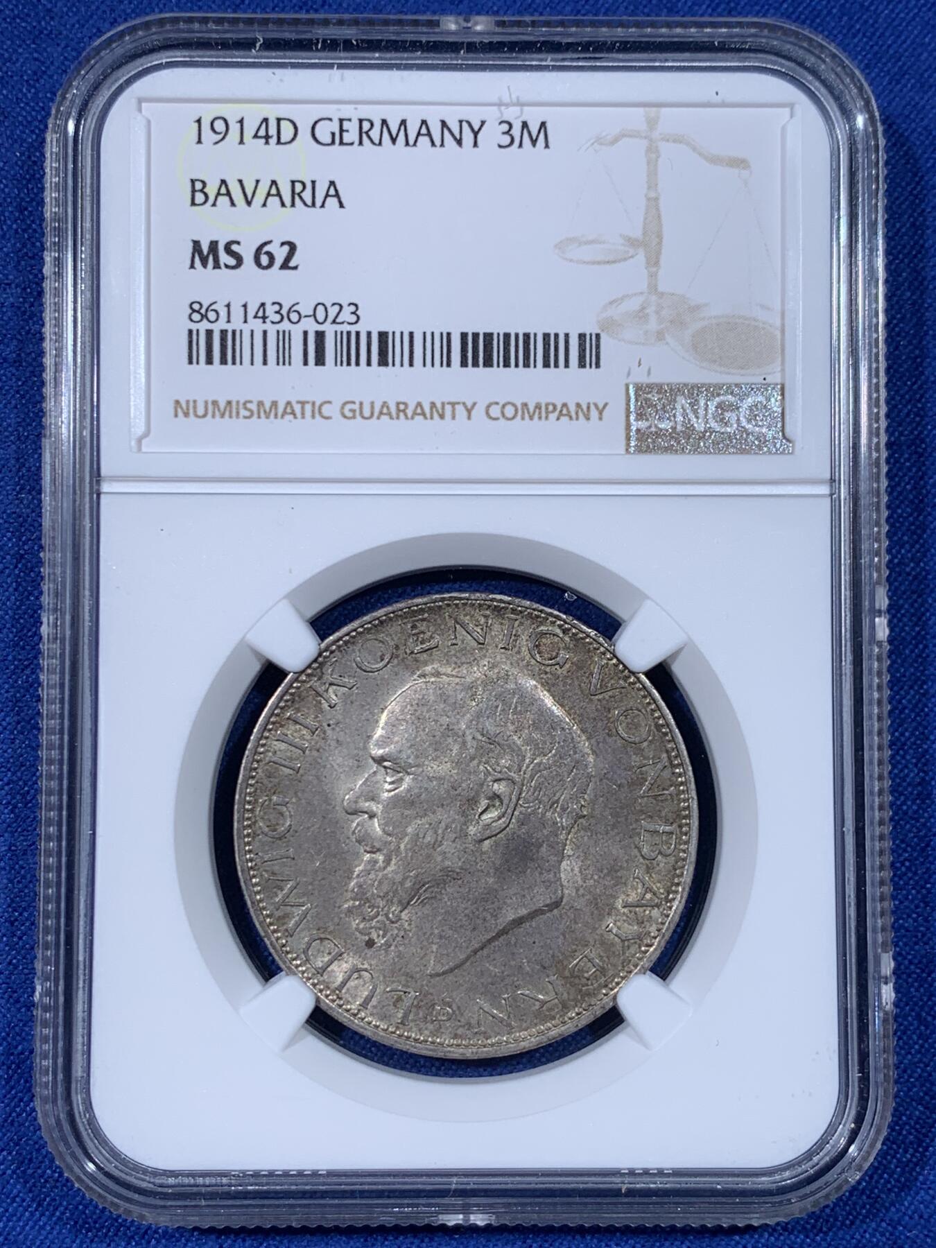 《竞宝斋》第438场 周日，周一，周二 3场连拍 （全场包邮） NGC MS62 德国 1914年 巴伐利亚 路德维希三世 3马克 银币