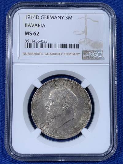 《竞宝斋》第438场 周日，周一，周二 3场连拍 （全场包邮） - NGC MS62 德国 1914年 巴伐利亚 路德维希三世 3马克 银币