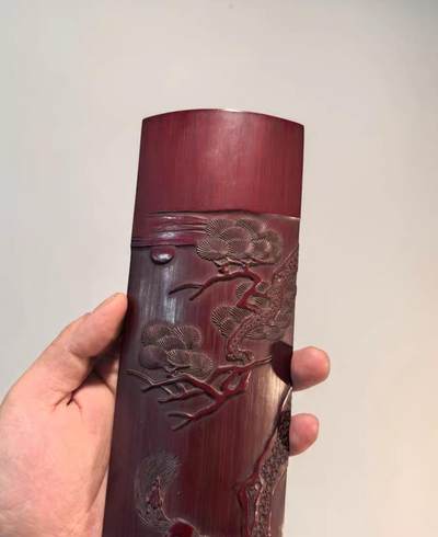 老竹雕名家刘海戏金蟾臂搁茶则摆件  