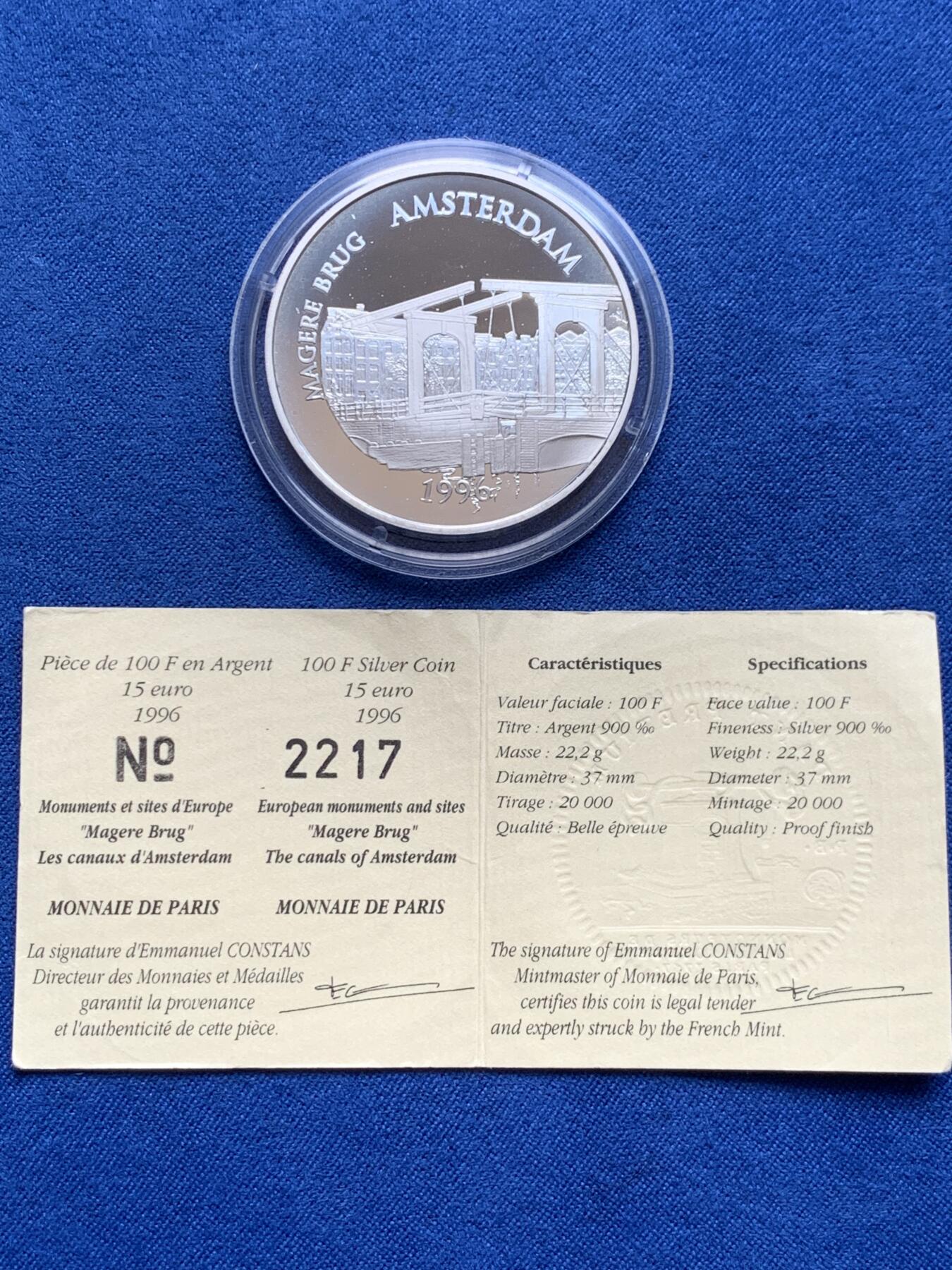《竞宝斋》第438场 周日，周一，周二 3场连拍 （全场包邮） 法国1996年阿姆斯特丹瘦桥纪念银币，37mm，22.2克，含银量90%，发行量2万枚，品相不错，带证书。