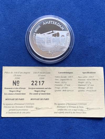 《竞宝斋》第438场 周日，周一，周二 3场连拍 （全场包邮） - 法国1996年阿姆斯特丹瘦桥纪念银币，37mm，22.2克，含银量90%，发行量2万枚，品相不错，带证书。
