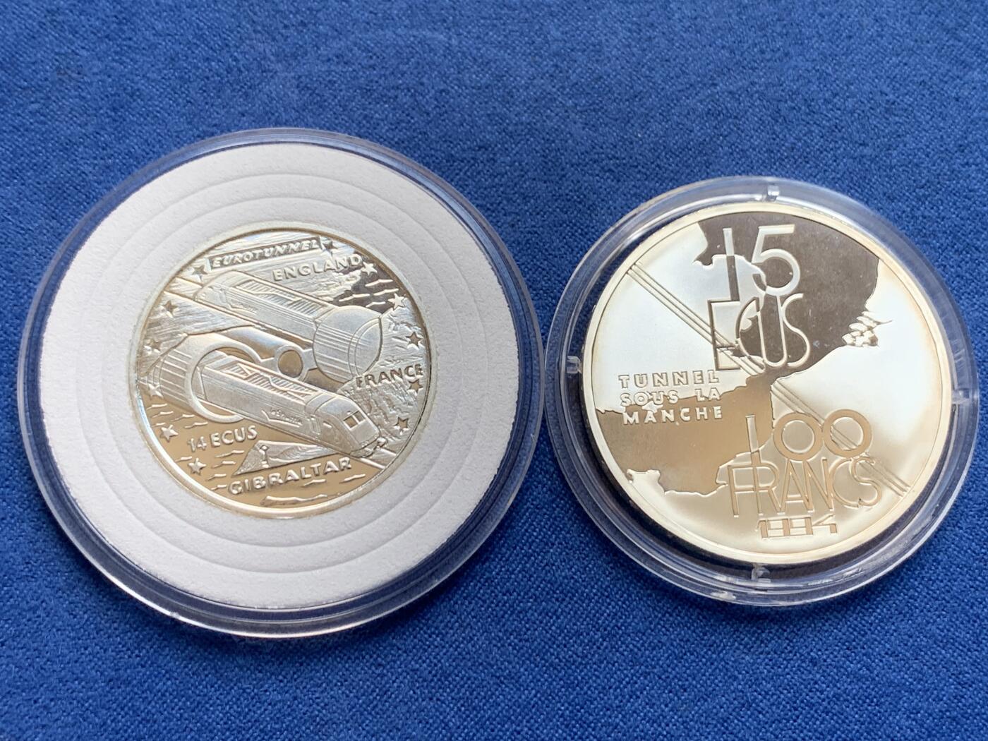 《竞宝斋》第438场 周日，周一，周二 3场连拍 （全场包邮） 两枚一组 法国1994年纪念英法海底隧道通行15埃居/100法郎银币（22.2克 900银）+ 英国1993年纪念英法海底隧道14埃居银币（10克 925银）