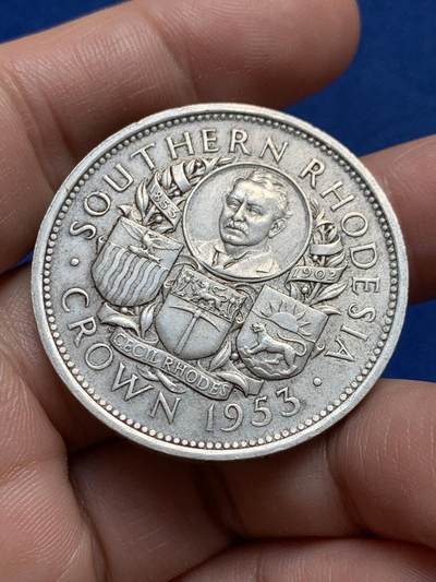 《竞宝斋》第438场 周日，周一，周二 3场连拍 （全场包邮） 南罗德西亚（津巴布韦）1953年纪念罗德斯诞辰一百周年一克朗大银币