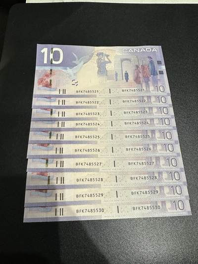 《外钞收藏家》第五百八十五期（精品场）（本平台长期征集拍品、欢迎藏友们联系合作） - 加拿大2009年之旅版10元标十连号（绝品）	绝品