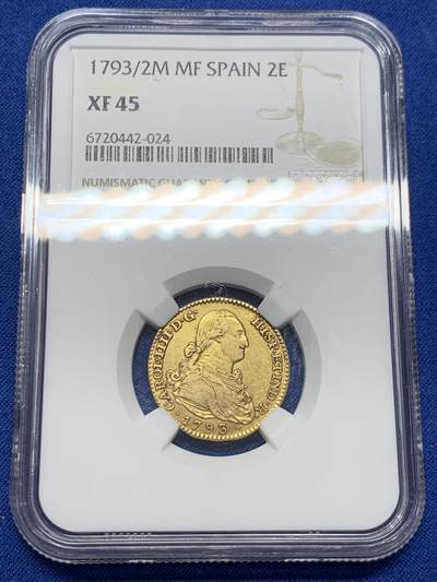 《竞宝斋》第438场 周日，周一，周二 3场连拍 （全场包邮） - NGC XF45 西班牙1793/2年卡洛斯四世 2埃斯库多金币 骑字版 6.77克 875金 细节不错