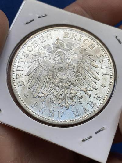 《竞宝斋》第438场 周日，周一，周二 3场连拍 （全场包邮） 德国1911年巴伐利亚摄政王利奥波德90大寿5马克银币，发行量仅16万枚，状态好，细节见图