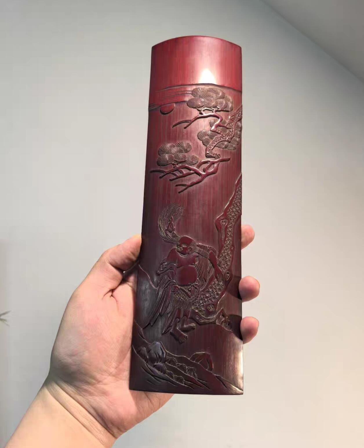 兰馨堂古玩杂项专场 老竹雕名家刘海戏金蟾臂搁茶则摆件  