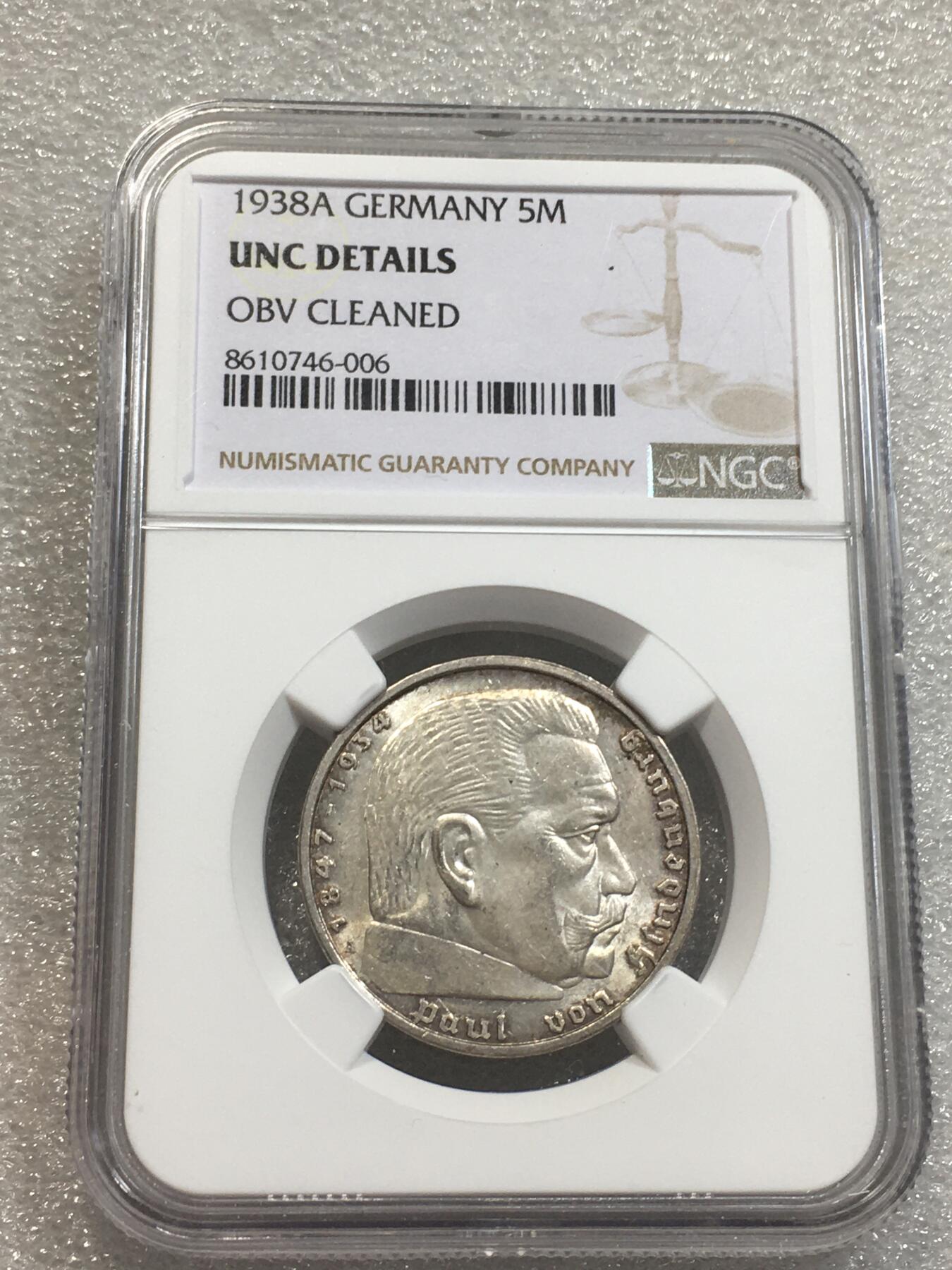 世界钱币专场拍卖 每周二开拍 NGCUNCD德国1938年A厂兴登堡5马克银币