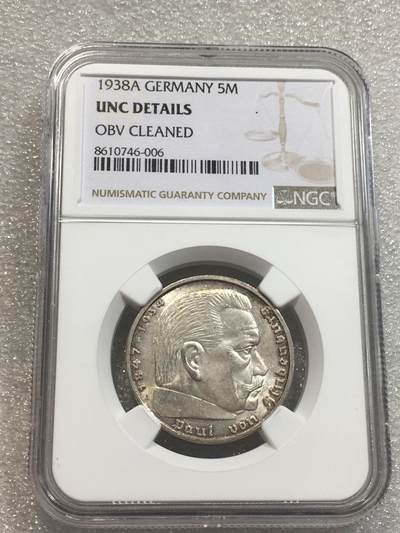 世界钱币专场拍卖 每周二开拍 - NGCUNCD德国1938年A厂兴登堡5马克银币