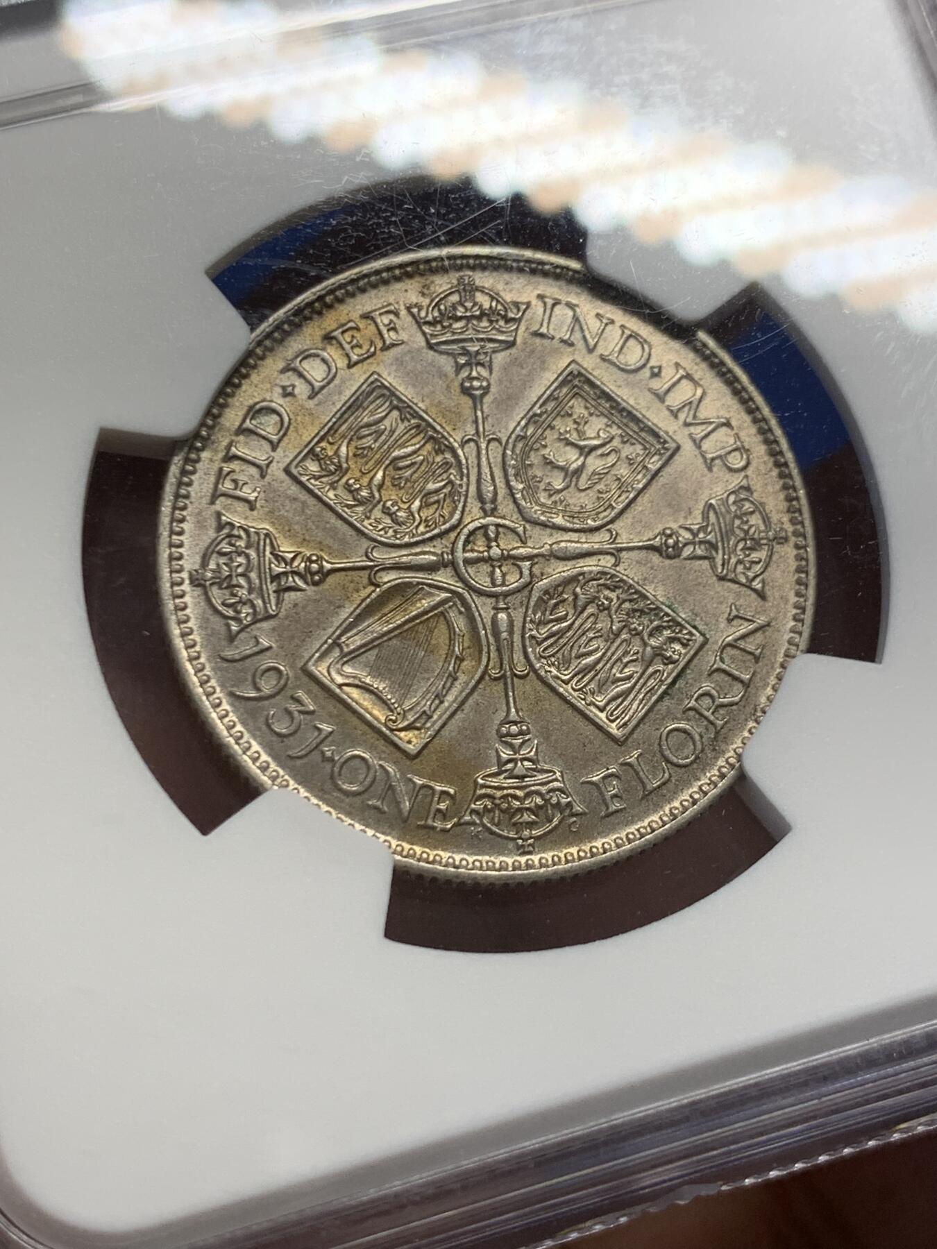 《竞宝斋》第438场 周日，周一，周二 3场连拍 （全场包邮） NGC MS61 英国 1931年 2先令弗洛林，乔五银币 包浆难得