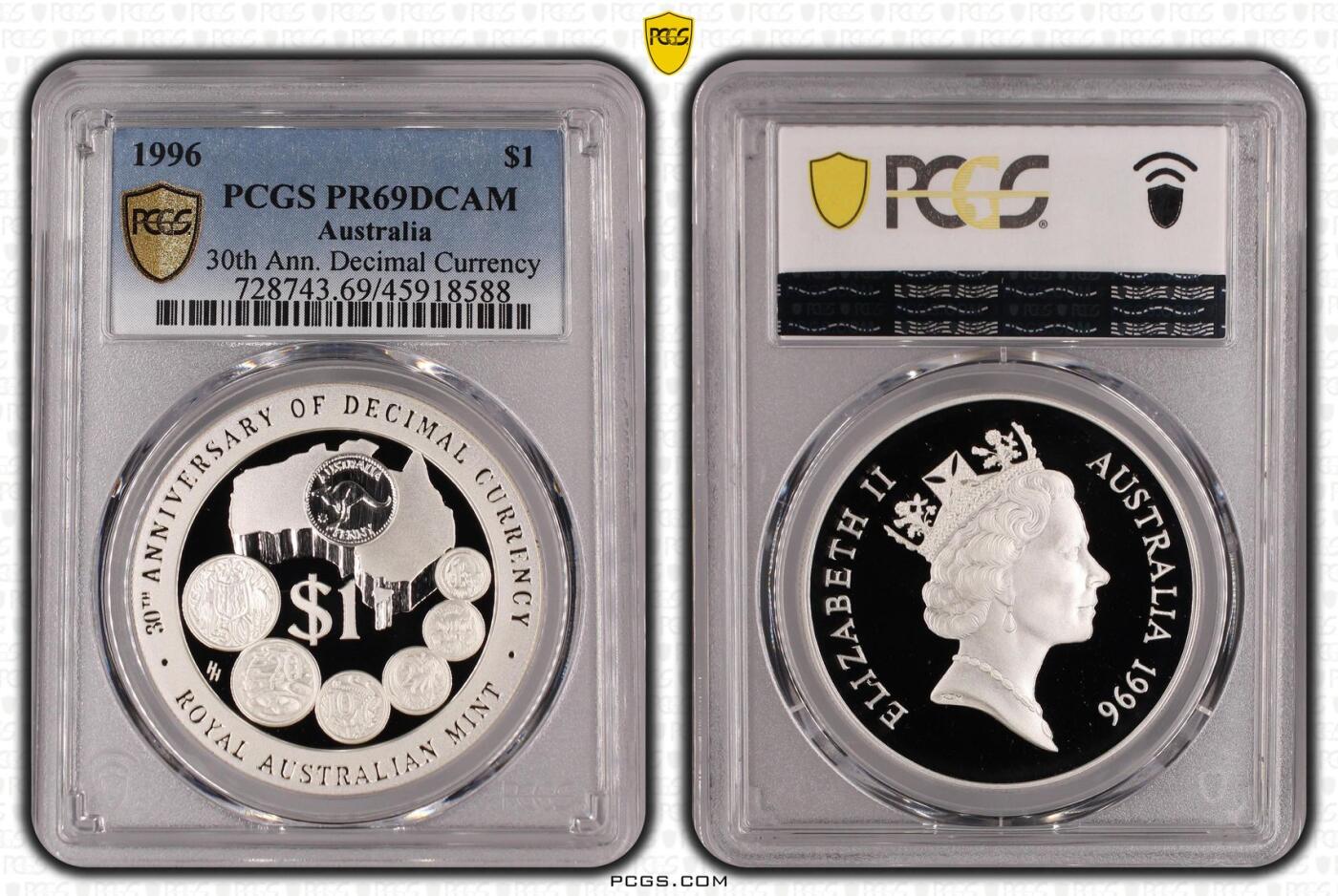 PThappally收藏第54次拍卖，英联邦地区硬币纸币 澳大利亚 1996 1澳元  31.10 g 银币 PCGS PR69DCAM
