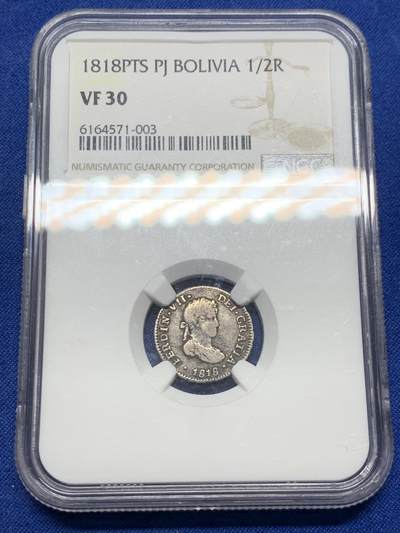 《竞宝斋》第438场 周日，周一，周二 3场连拍 （全场包邮） - NGC VF30 玻利维亚 1818PTS PJ 斐迪南七世1/2R银币，不多见的品种，年份不错