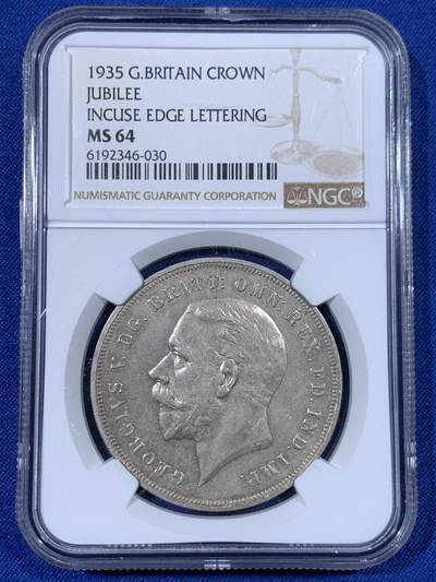 《竞宝斋》第438场 周日，周一，周二 3场连拍 （全场包邮） - NGC MS64 英国1935年乔治五世1克朗马剑银币 均匀欧洲包浆