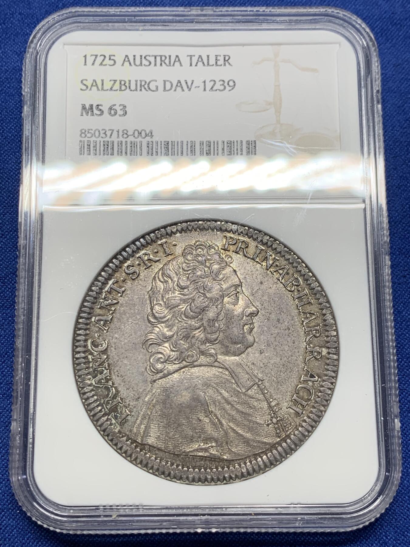 《竞宝斋》第438场 周日，周一，周二 3场连拍 （全场包邮） 唯一冠军分 NGC MS63 神圣罗马帝国 萨尔茨堡大主教区 1725年 安东尼亲王 泰勒大银币 及其难得的品种