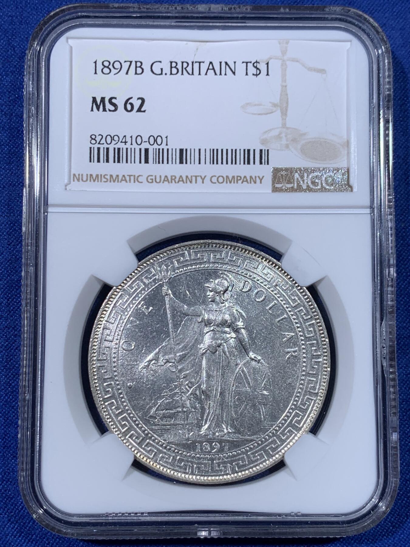 《竞宝斋》第438场 周日，周一，周二 3场连拍 （全场包邮） NGC MS62 英国 1897-B 站洋 稀见年份 打制出色 十字转光 收藏佳品