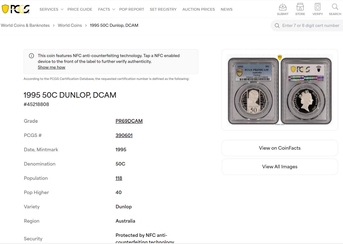 PThappally收藏第54次拍卖，英联邦地区硬币纸币 澳大利亚 1995 50分 15.55 g  铜镍币 PCGS PR69DCAM