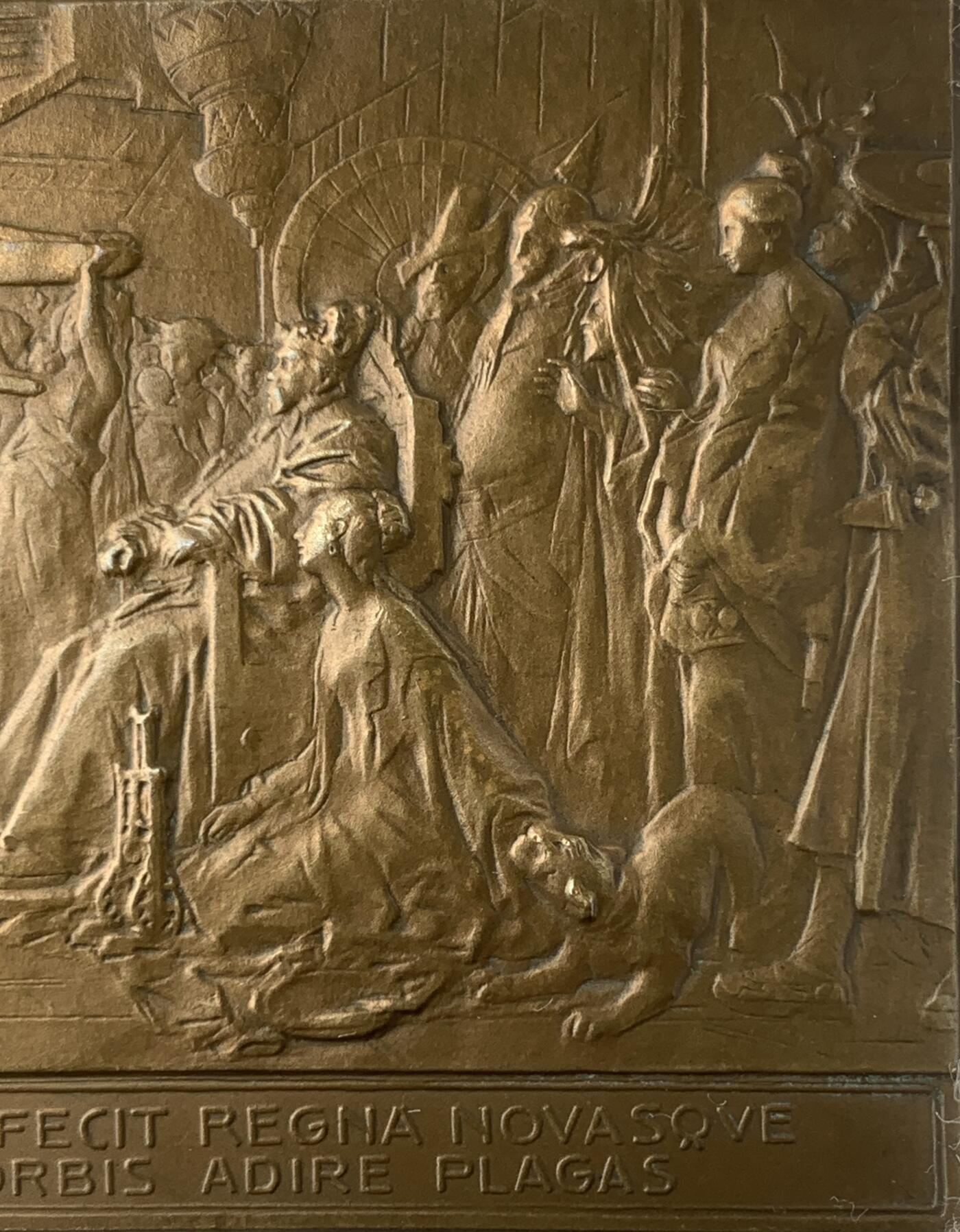 掌中浮雕-藏着的欧洲第042场 1901年第四届国际地理大会在米兰举行铜章 ，74 x 48mm，Johnson公司出品，正面刻画马可波罗觐见忽必烈的场景