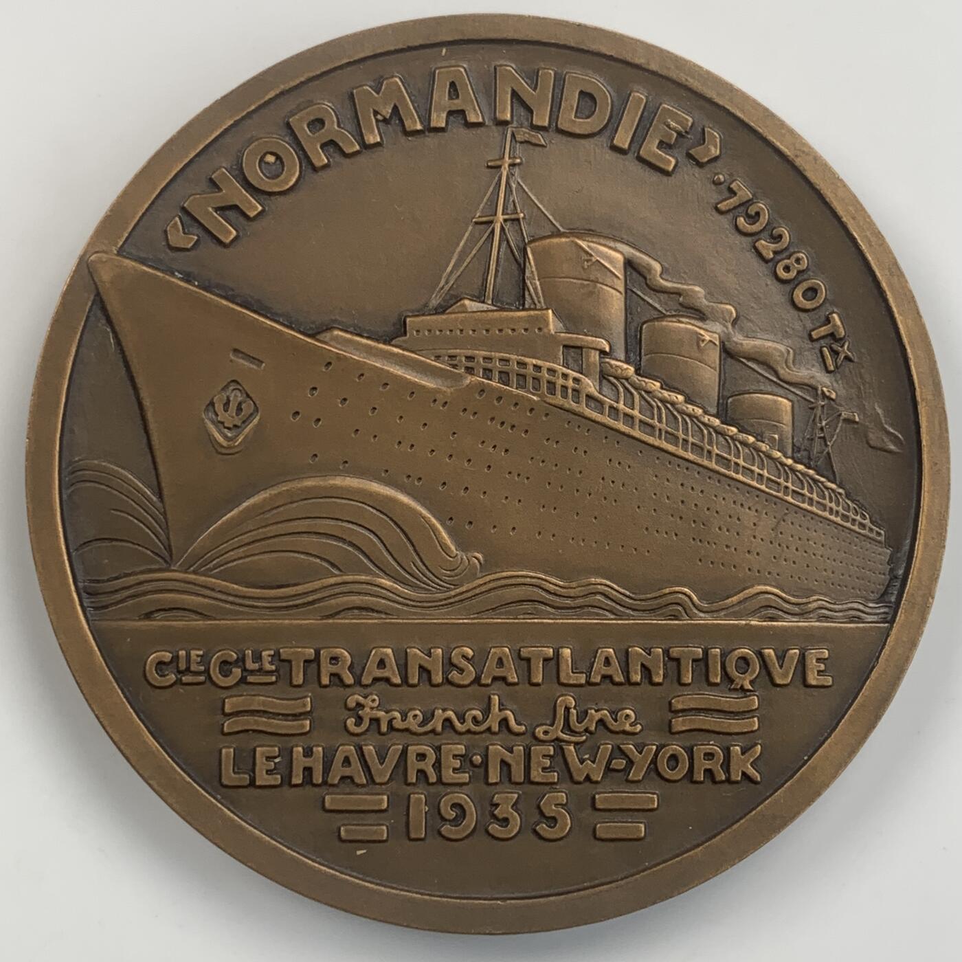 掌中浮雕-藏着的欧洲第042场 1935年诺曼底邮轮通航纪念铜章，68mm