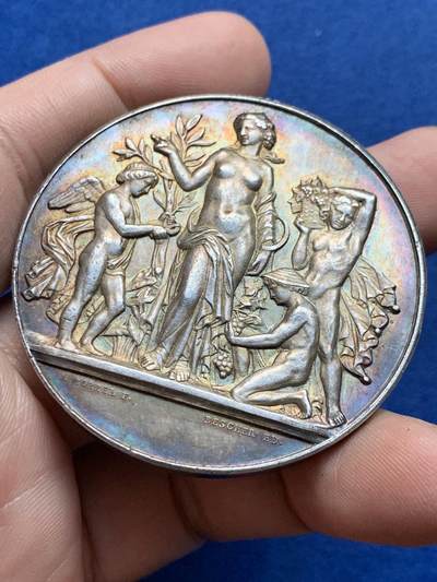 《竞宝斋》第438场 周日，周一，周二 3场连拍 （全场包邮） - 法国园艺协会大银章 丰饶角银标 60.7克 50.5mm 带盒