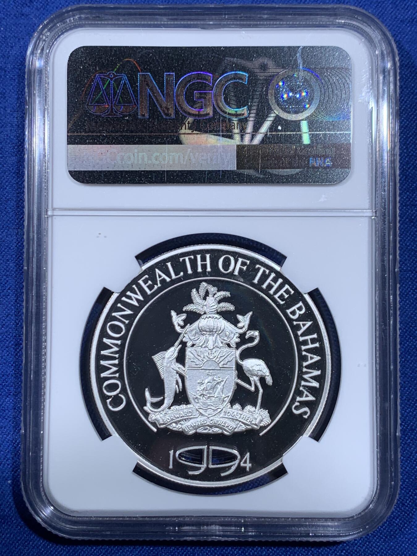 《竞宝斋》第438场 周日，周一，周二 3场连拍 （全场包邮） NGC PF68UC 巴哈马1994年一杆进洞5元精制纪念银币（克劳斯获奖币之1996年世界硬币大赛最佳创意币，1盎司克重，925银，38.61MM币径，发行量5万枚）