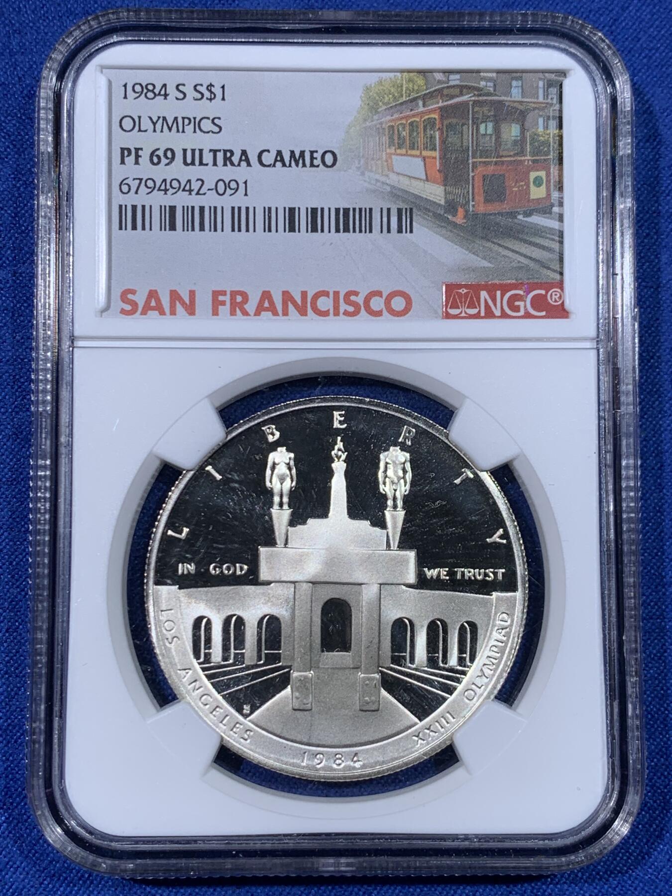 《竞宝斋》第438场 周日，周一，周二 3场连拍 （全场包邮） NGC PF69UC 美国1984年洛杉矶奥运会精制纪念银币