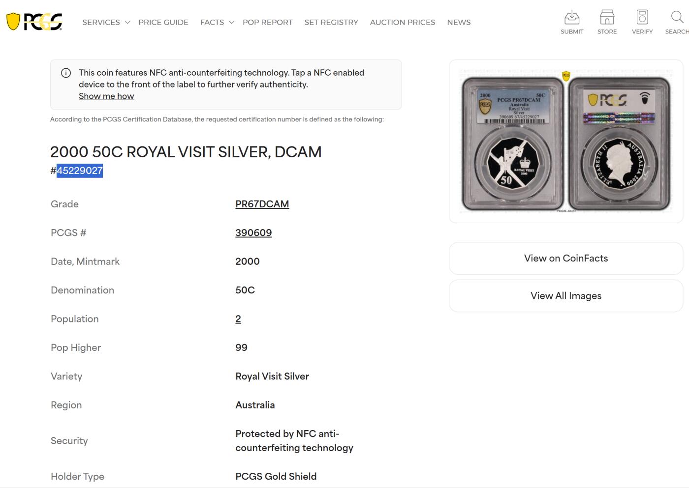 PThappally收藏第54次拍卖，英联邦地区硬币纸币  澳大利亚 2000 50分  15.55 g 银币 PCGS PR67DCAM