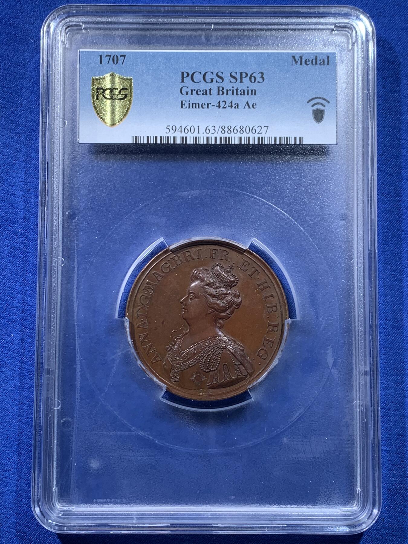 《竞宝斋》第438场 周日，周一，周二 3场连拍 （全场包邮） PCGS SP63 1707年苏格兰与英格兰联合铜章，John Croker雕刻，PCGS大盒封装。