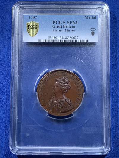 《竞宝斋》第438场 周日，周一，周二 3场连拍 （全场包邮） - PCGS SP63 1707年苏格兰与英格兰联合铜章，John Croker雕刻，PCGS大盒封装。