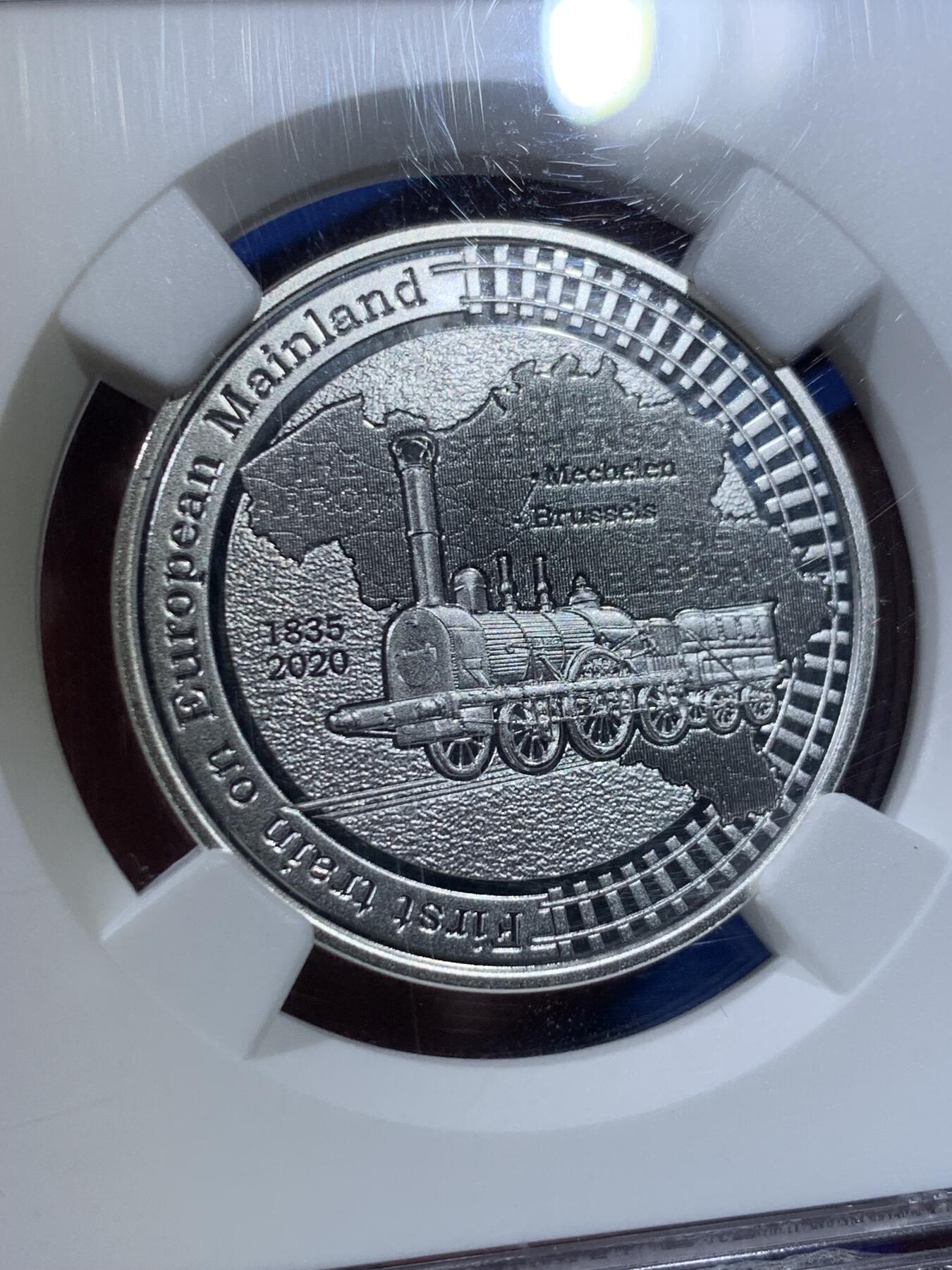 《竞宝斋》第438场 周日，周一，周二 3场连拍 （全场包邮） 首期 NGC PF70UC 比利时2020年欧洲大陆首列火车运行185周年5欧元精制银币（首次采用Multiview多维视图技术，在不同的角度，会看到三幅不同的画面效果。正面观看为火车本体，向右侧偏转会在空白处看到铁路运行图，向左侧偏转会看到三列始发火车名称及运行地点。）带盒证。