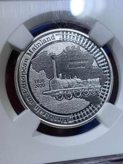 《竞宝斋》第438场 周日，周一，周二 3场连拍 （全场包邮） 首期 NGC PF70UC 比利时2020年欧洲大陆首列火车运行185周年5欧元精制银币（首次采用Multiview多维视图技术，在不同的角度，会看到三幅不同的画面效果。正面观看为火车本体，向右侧偏转会在空白处看到铁路运行图，向左侧偏转会看到三列始发火车名称及运行地点。）带盒证。