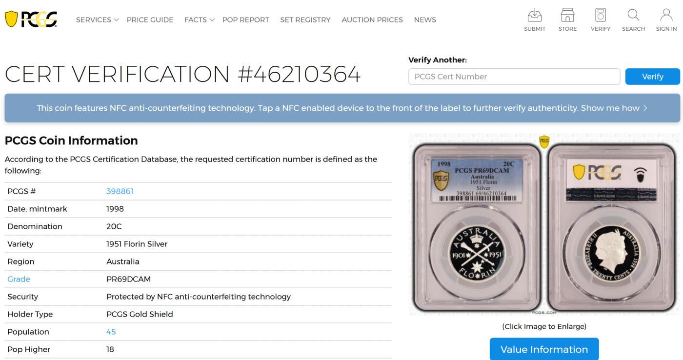 PThappally收藏第54次拍卖，英联邦地区硬币纸币 澳大利亚 1998 20分   13.36g 银币 PCGS PR69DCAM
